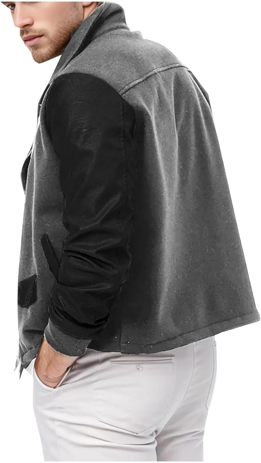 Mens Wool Blend Faux Suede Jacket Slim Fit Zip Up Casual PU Leather Patchwork Motorcycle Biker Coat for Fall Winter