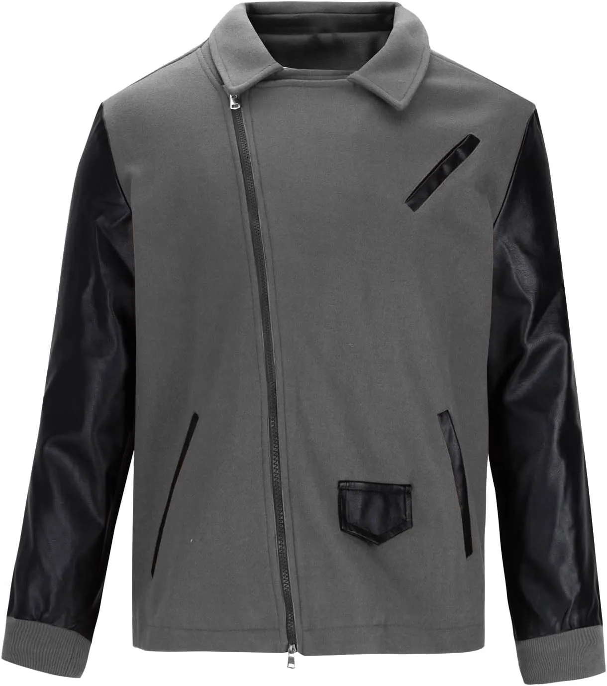 Mens Wool Blend Faux Suede Jacket Slim Fit Zip Up Casual PU Leather Patchwork Motorcycle Biker Coat for Fall Winter