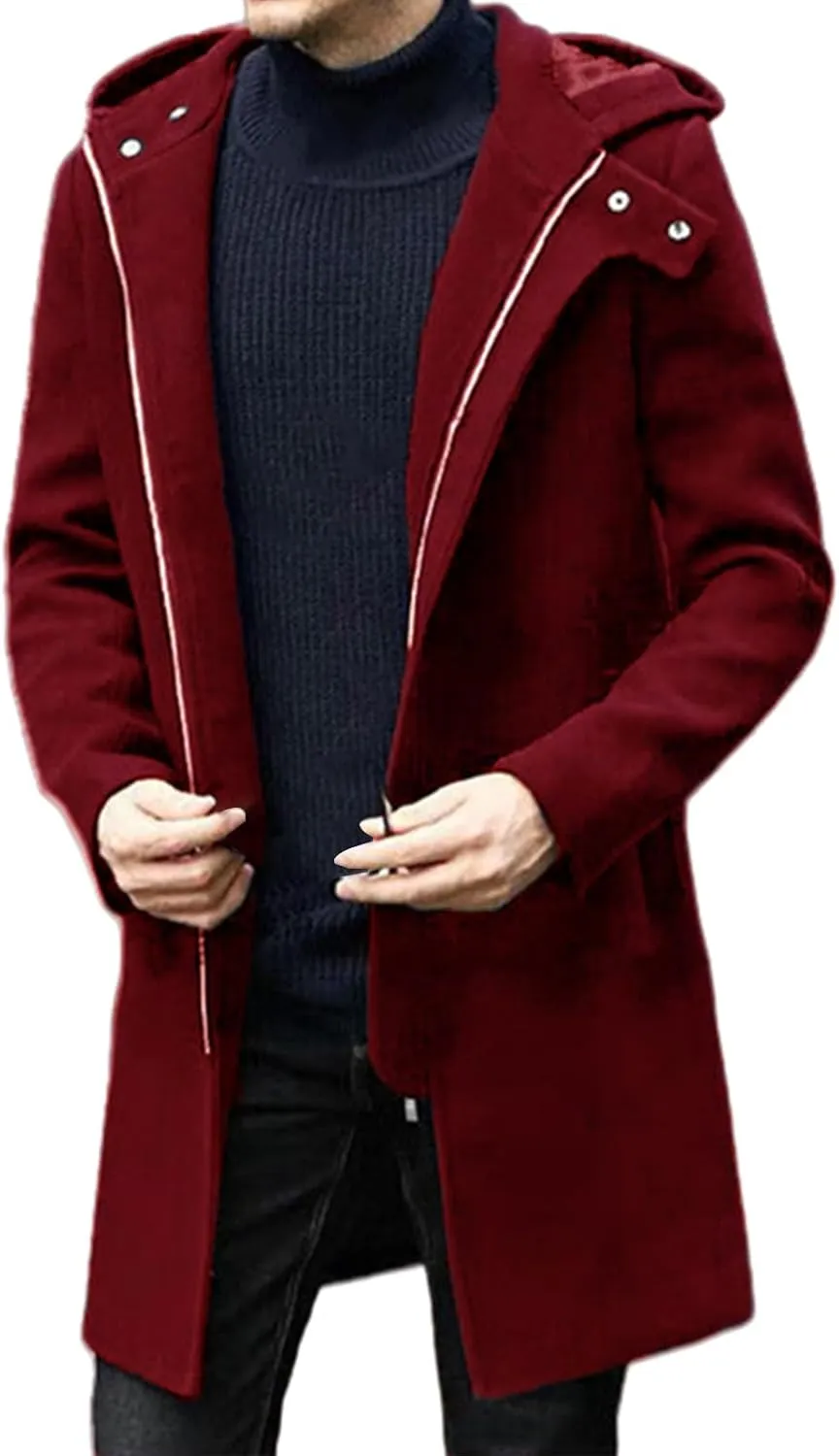 Men's Woolen Blend Winter Long Trench Coat Casual Double Breasted Hooded Jackets Classic Business Warm Overcoat