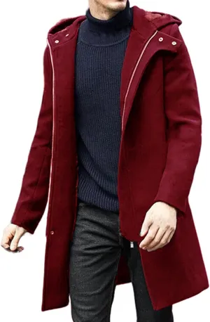 Men's Woolen Blend Winter Long Trench Coat Casual Double Breasted Hooded Jackets Classic Business Warm Overcoat