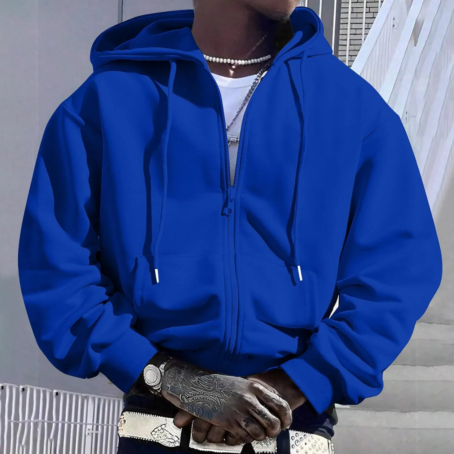 Men's Zip Up Hoodies Drawstring Sweatshirt Long Sleeve Lounge Cardigan Comfy Soft Solid Color Tops with Pocket