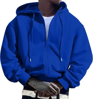 Men's Zip Up Hoodies Drawstring Sweatshirt Long Sleeve Lounge Cardigan Comfy Soft Solid Color Tops with Pocket