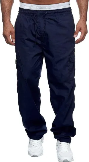 Miyaomn Men's Classic Drawstring Cargo Pants Multi Pockets Relaxed Fit Solid Color Elastic Waist Open Bottom Joggers Trousers