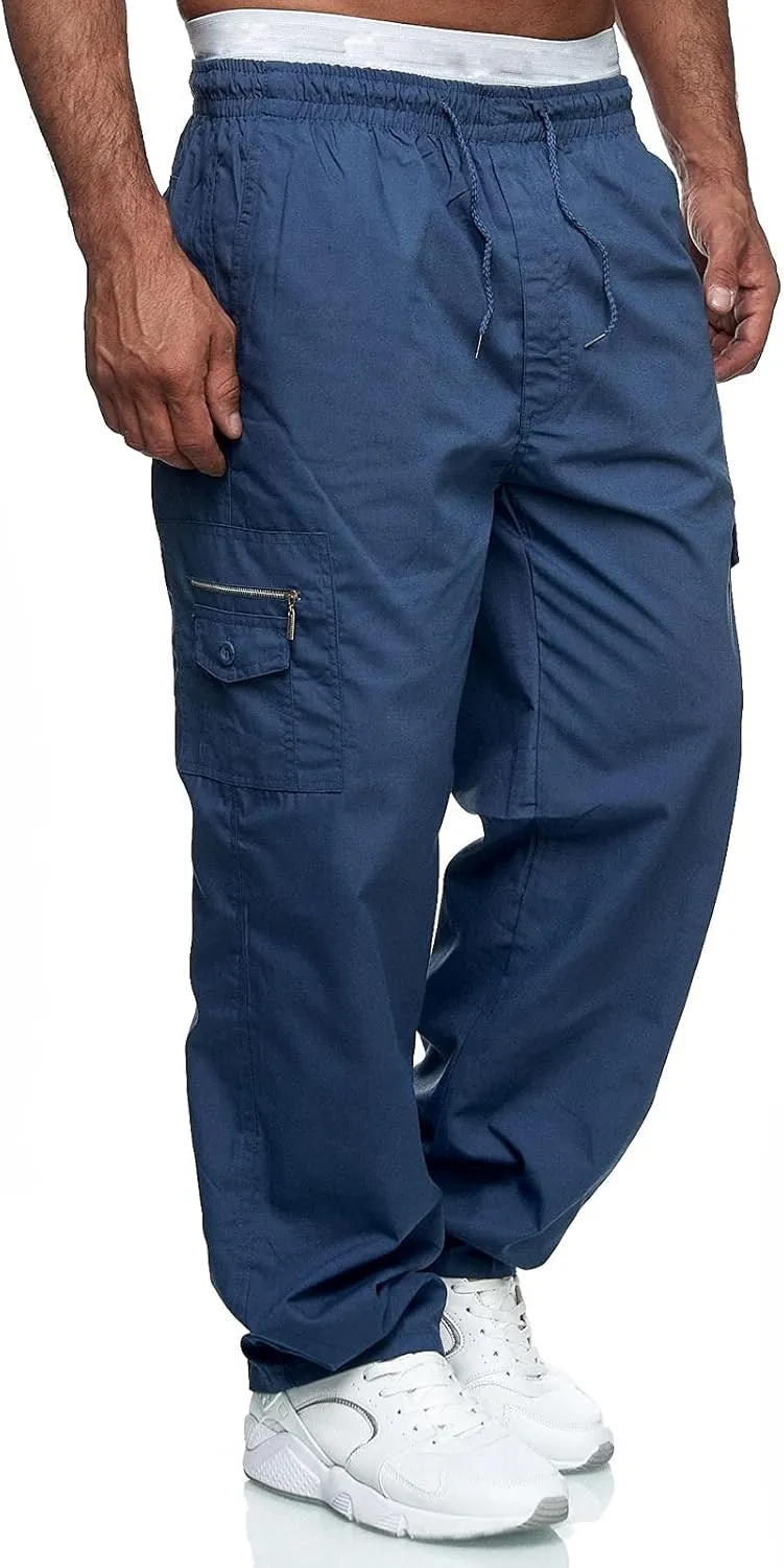 Miyaomn Men's Classic Drawstring Cargo Pants Multi Pockets Relaxed Fit Solid Color Elastic Waist Open Bottom Joggers Trousers