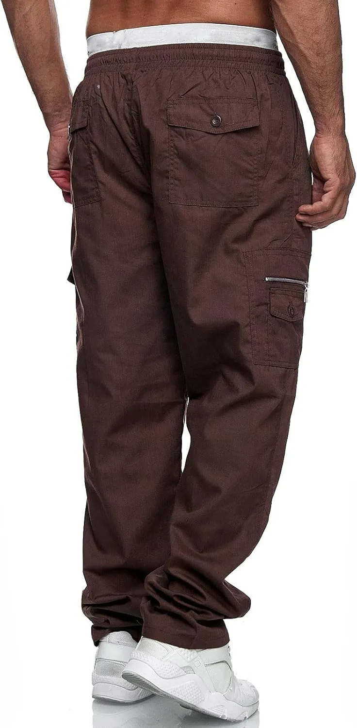 Miyaomn Men's Classic Drawstring Cargo Pants Multi Pockets Relaxed Fit Solid Color Elastic Waist Open Bottom Joggers Trousers