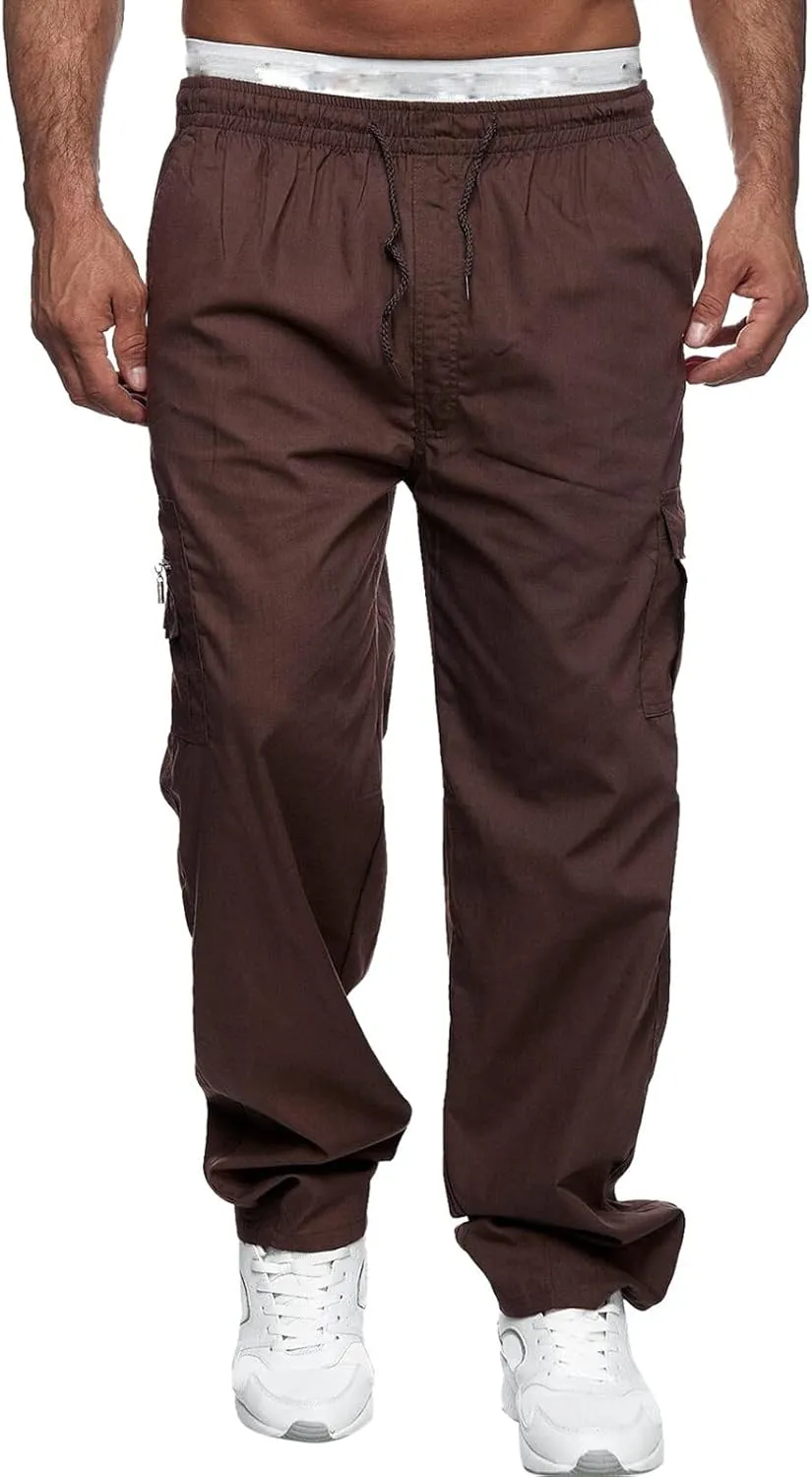 Miyaomn Men's Classic Drawstring Cargo Pants Multi Pockets Relaxed Fit Solid Color Elastic Waist Open Bottom Joggers Trousers