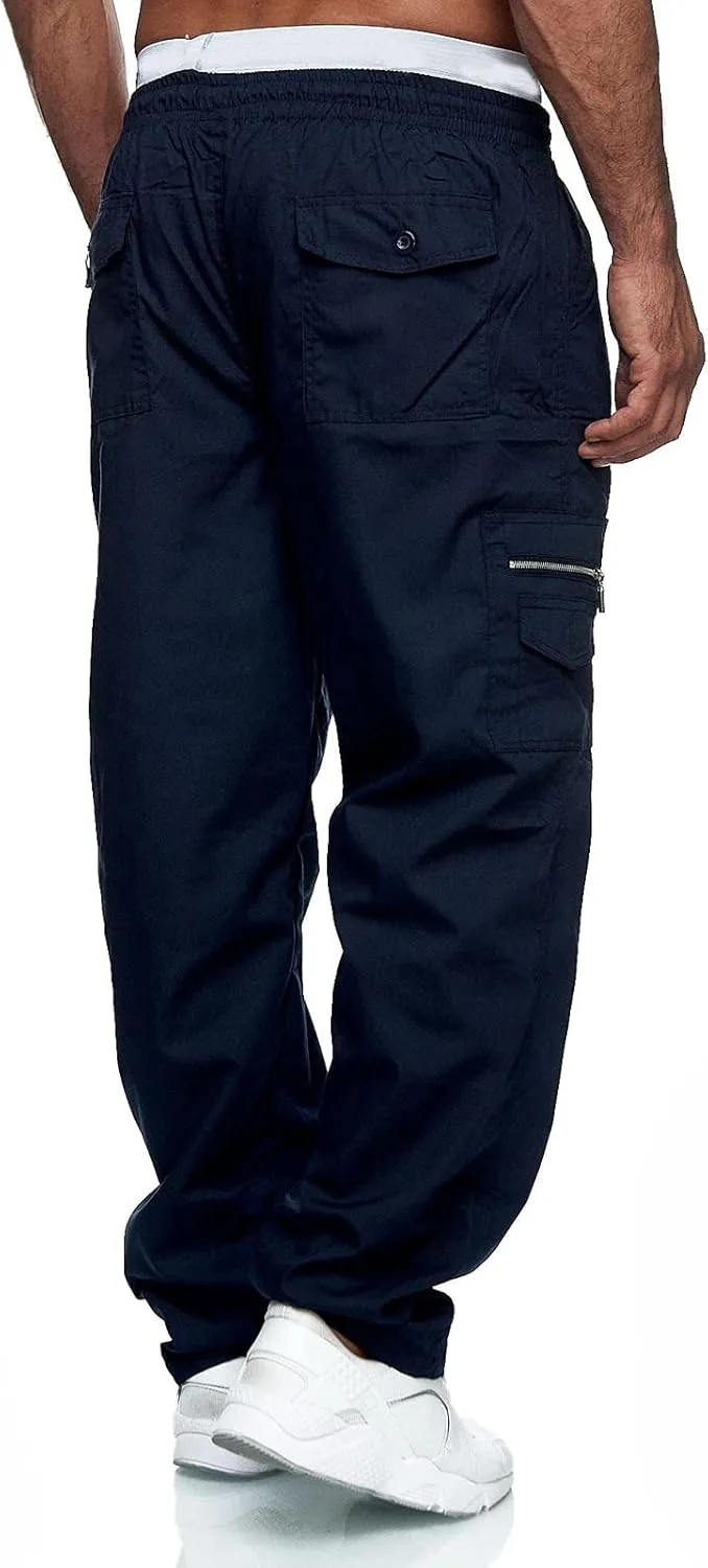 Miyaomn Men's Classic Drawstring Cargo Pants Multi Pockets Relaxed Fit Solid Color Elastic Waist Open Bottom Joggers Trousers
