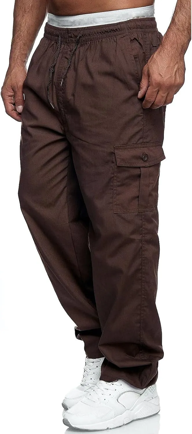 Miyaomn Men's Classic Drawstring Cargo Pants Multi Pockets Relaxed Fit Solid Color Elastic Waist Open Bottom Joggers Trousers