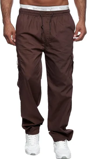 Miyaomn Men's Classic Drawstring Cargo Pants Multi Pockets Relaxed Fit Solid Color Elastic Waist Open Bottom Joggers Trousers