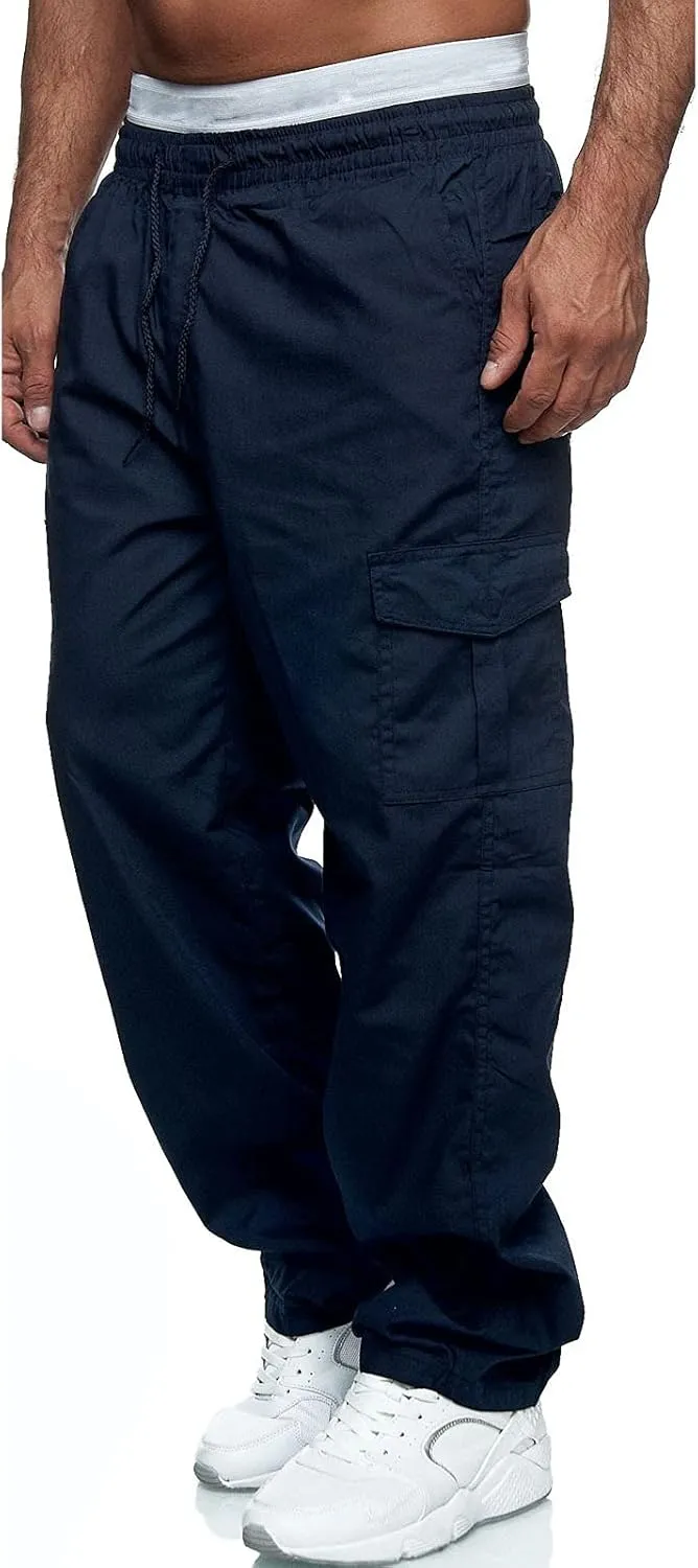 Miyaomn Men's Classic Drawstring Cargo Pants Multi Pockets Relaxed Fit Solid Color Elastic Waist Open Bottom Joggers Trousers