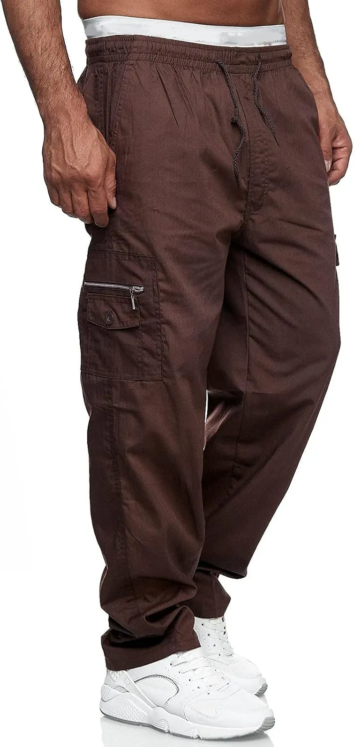Miyaomn Men's Classic Drawstring Cargo Pants Multi Pockets Relaxed Fit Solid Color Elastic Waist Open Bottom Joggers Trousers