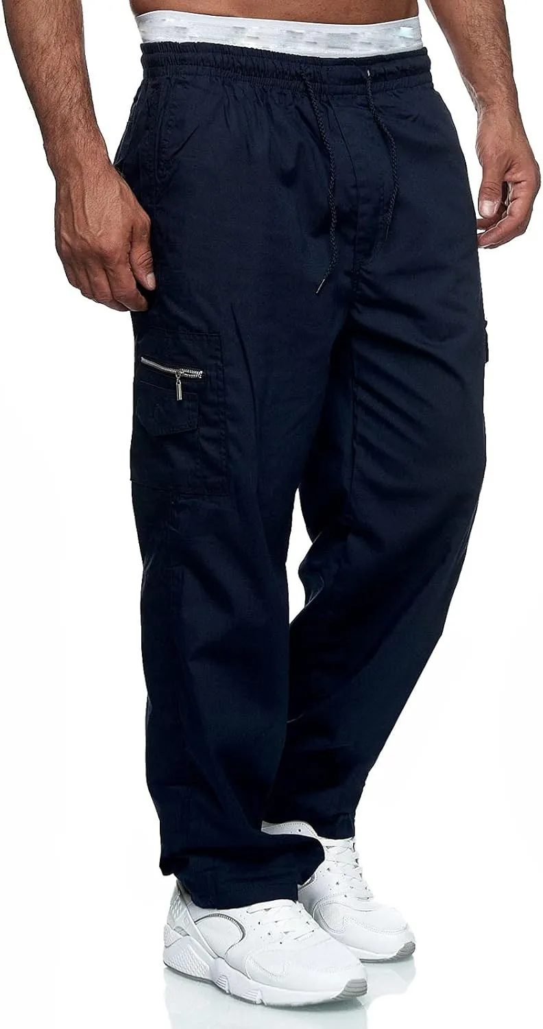 Miyaomn Men's Classic Drawstring Cargo Pants Multi Pockets Relaxed Fit Solid Color Elastic Waist Open Bottom Joggers Trousers