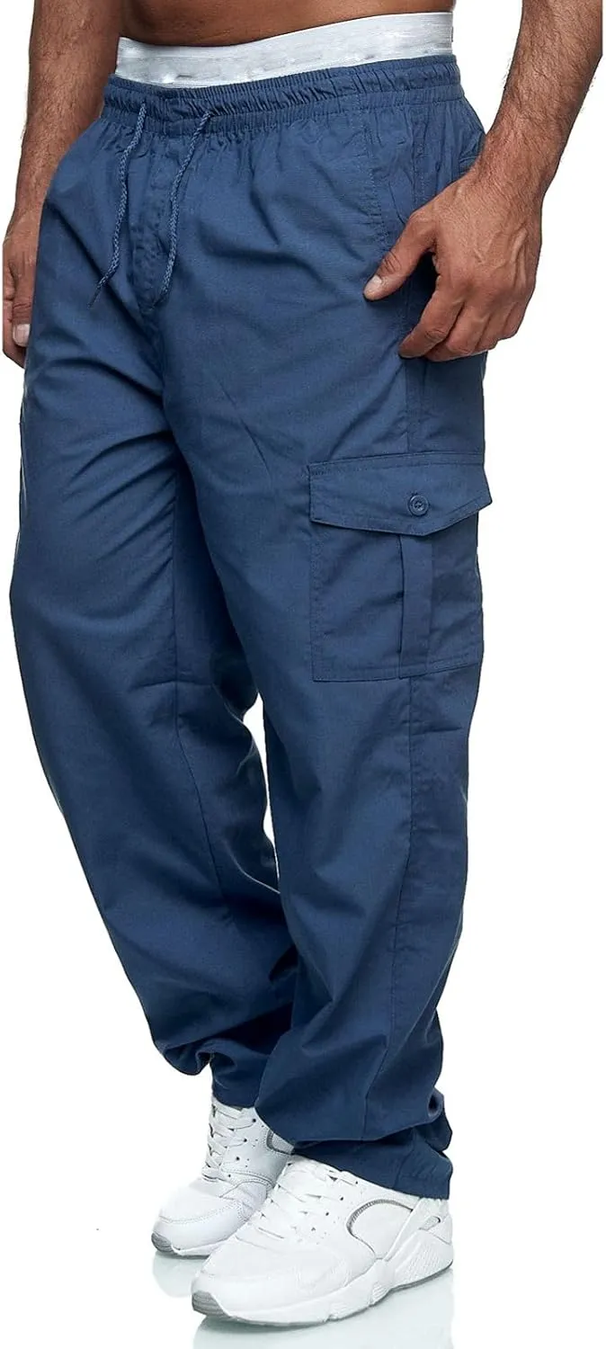 Miyaomn Men's Classic Drawstring Cargo Pants Multi Pockets Relaxed Fit Solid Color Elastic Waist Open Bottom Joggers Trousers
