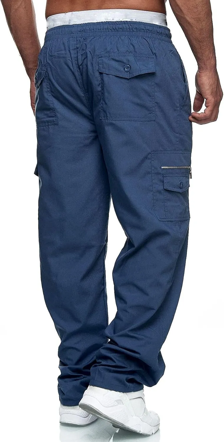 Miyaomn Men's Classic Drawstring Cargo Pants Multi Pockets Relaxed Fit Solid Color Elastic Waist Open Bottom Joggers Trousers