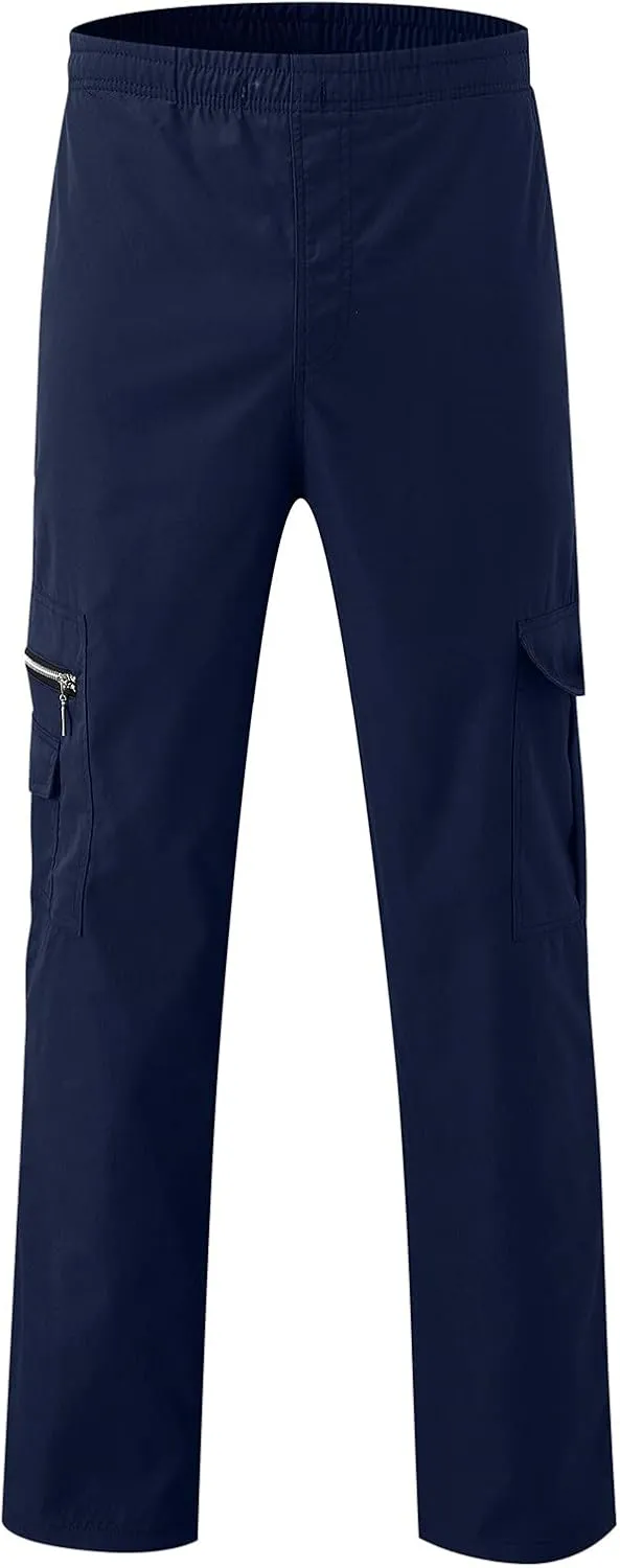 Miyaomn Men's Classic Drawstring Cargo Pants Multi Pockets Relaxed Fit Solid Color Elastic Waist Open Bottom Joggers Trousers