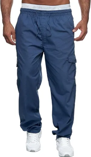 Miyaomn Men's Classic Drawstring Cargo Pants Multi Pockets Relaxed Fit Solid Color Elastic Waist Open Bottom Joggers Trousers