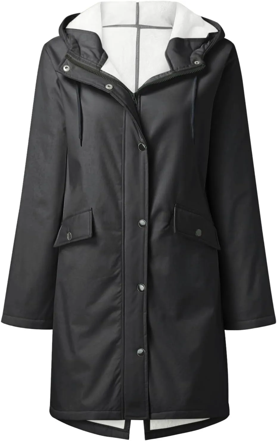 NATHGAM Women's Fleece Lined Raincoat Waterproof with Hooded Winter Comfy Soft Trench Coat Lithe Outdoor Windbreaker Jacket
