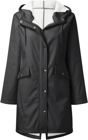 NATHGAM Women's Fleece Lined Raincoat Waterproof with Hooded Winter Comfy Soft Trench Coat Lithe Outdoor Windbreaker Jacket