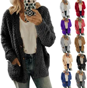 Open Front Cardigan for Women with Pockets Fuzzy Popcorn Oversized Lounge Long Sleeve Casual Sweater Fashion Outwear