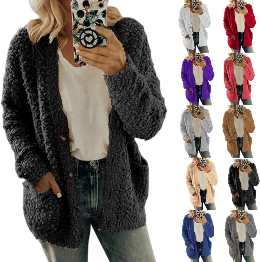 Open Front Cardigan for Women with Pockets Fuzzy Popcorn Oversized Lounge Long Sleeve Casual Sweater Fashion Outwear