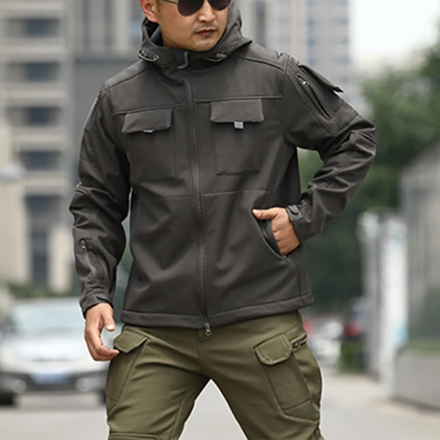 Outdoor Military Jackets for Men Long Sleeve Zip Up Hoodies Rain Jacket Men Cargo Jacket with Multi Utility Pockets