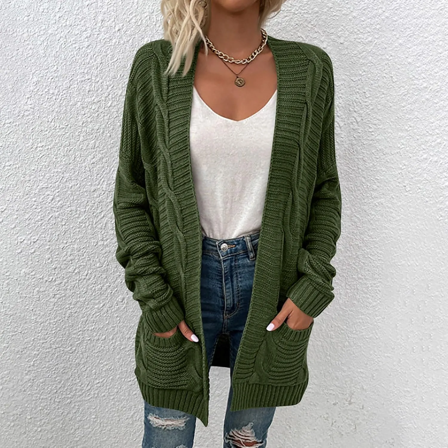 Oversized Cardigans for Women Long Sleeve Cable Knit Sweater Comfy Open Front Cardigan with Pockets