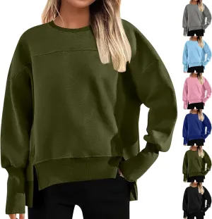 Oversized Crewneck Sweatshirt Women High Low Fleece Pullover Side Slit Drop Shoulder Soft Fall Sweatshirts No Hood