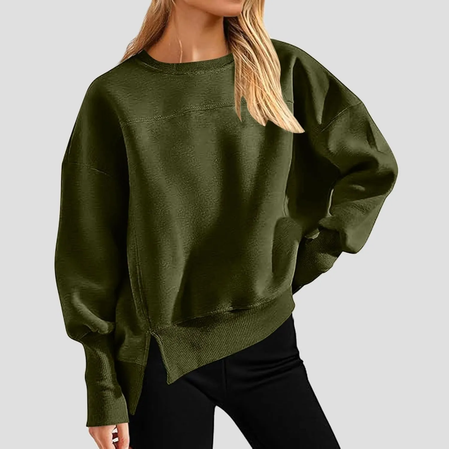 Oversized Crewneck Sweatshirt Women High Low Fleece Pullover Side Slit Drop Shoulder Soft Fall Sweatshirts No Hood