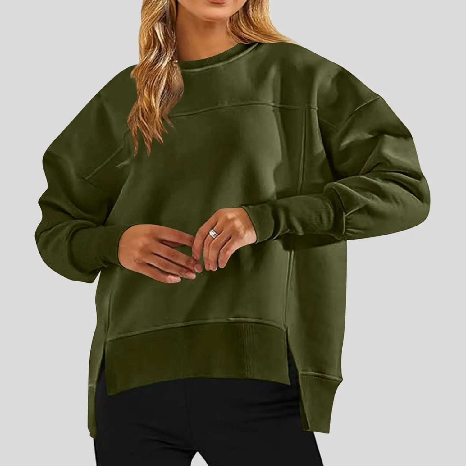 Oversized Crewneck Sweatshirt Women High Low Fleece Pullover Side Slit Drop Shoulder Soft Fall Sweatshirts No Hood