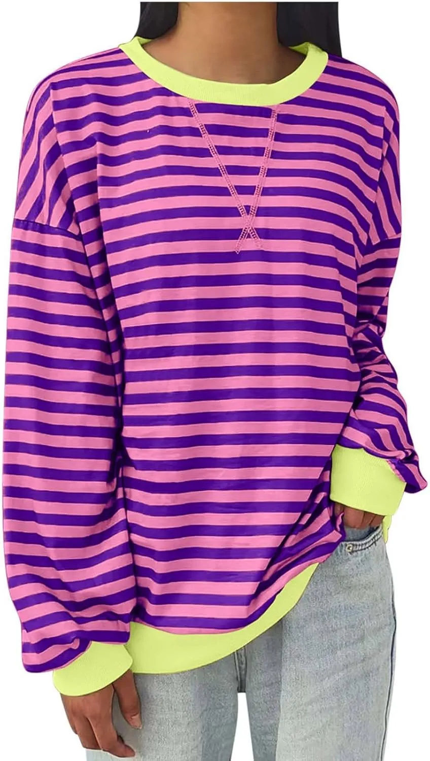 Oversized Striped Hoodie for Women Fashion Loose Fit Drop Shoulder Round Neck Tops Casual Fall Workout Sweatshirts