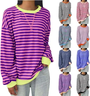 Oversized Striped Hoodie for Women Fashion Loose Fit Drop Shoulder Round Neck Tops Casual Fall Workout Sweatshirts