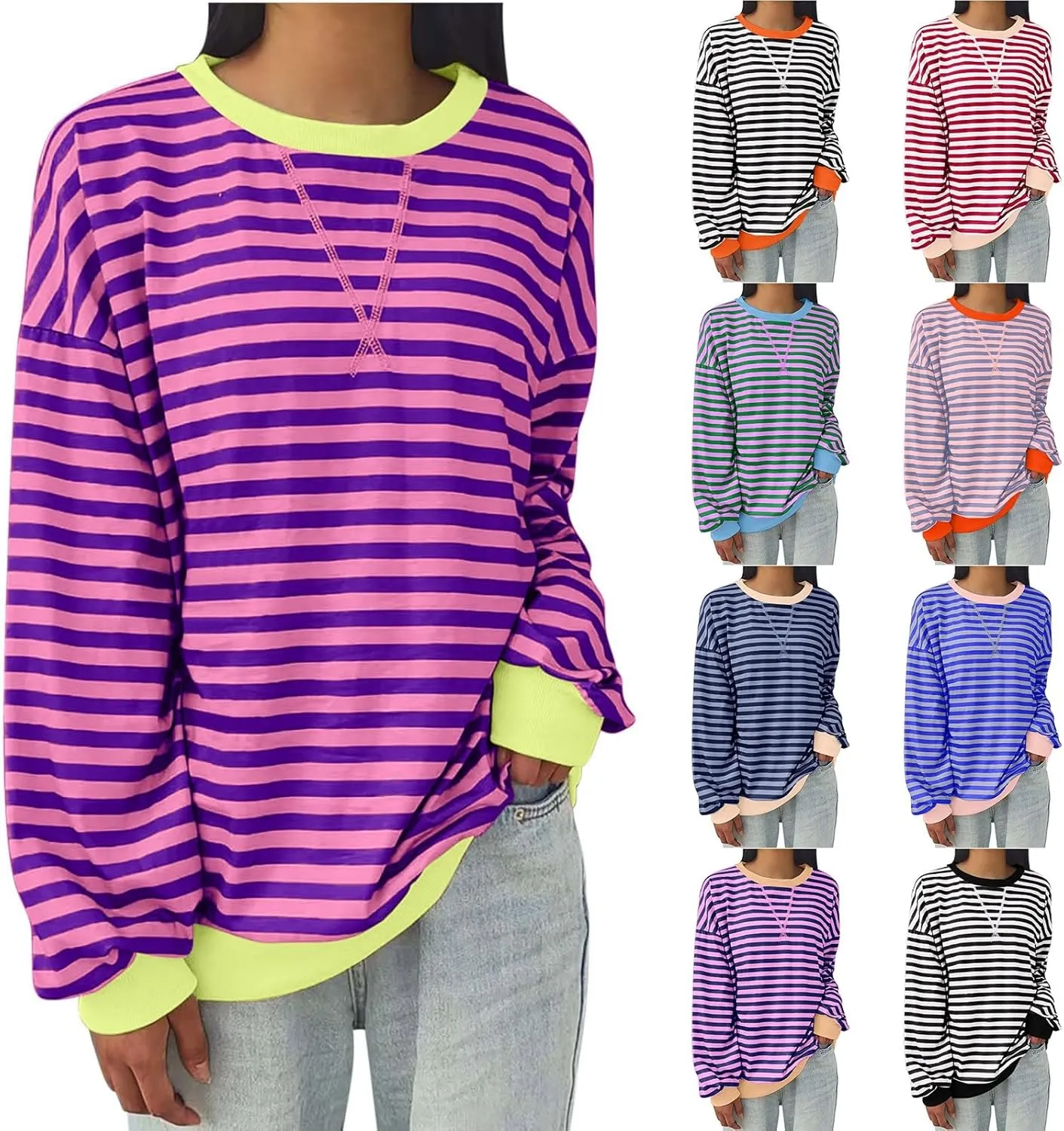 Oversized Striped Hoodie for Women Fashion Loose Fit Drop Shoulder Round Neck Tops Casual Fall Workout Sweatshirts