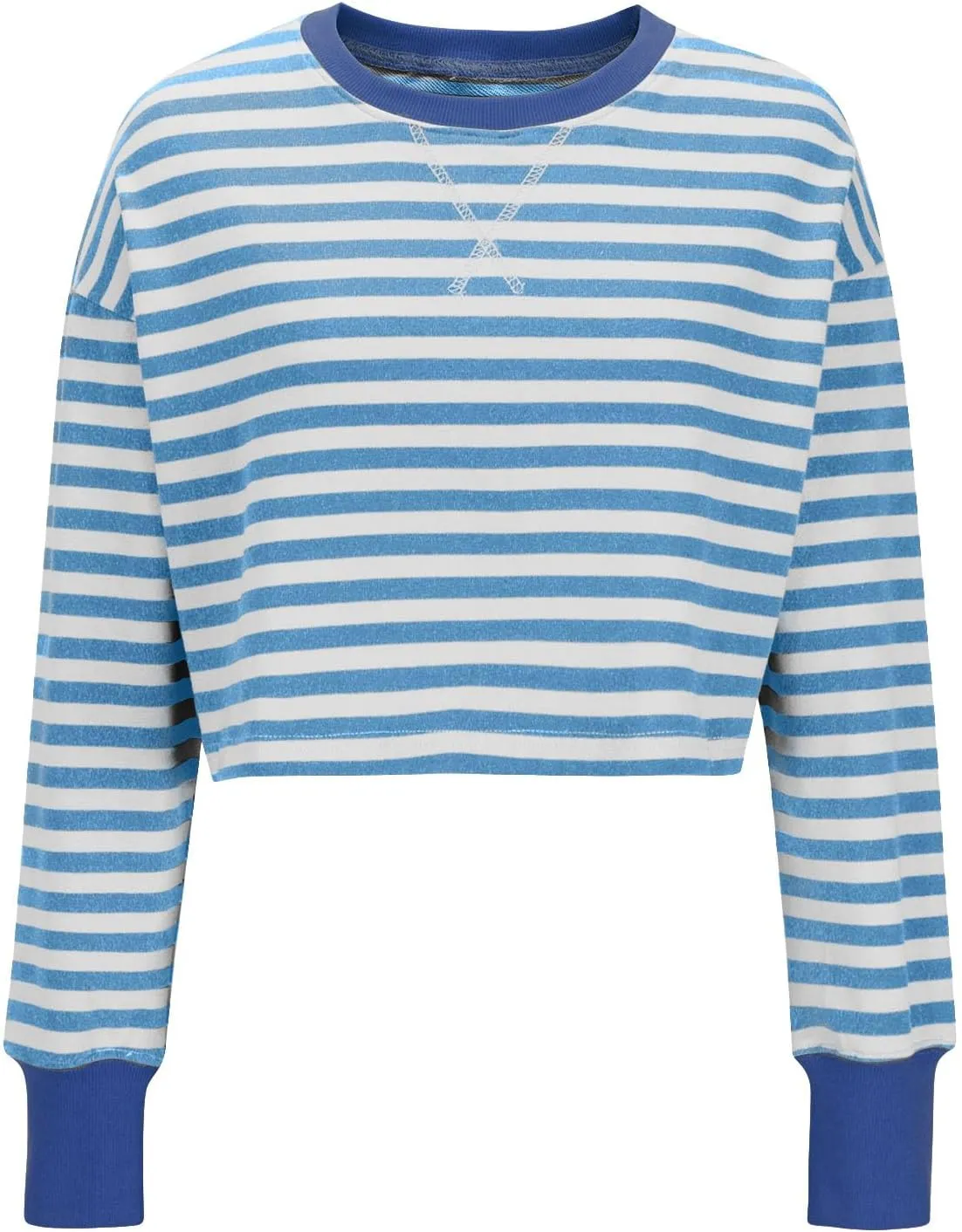 Oversized Sweatshirt for Women Cropped Crewneck Striped Colour Block Pullover Tops Long Sleeve Fleece Top Blouses