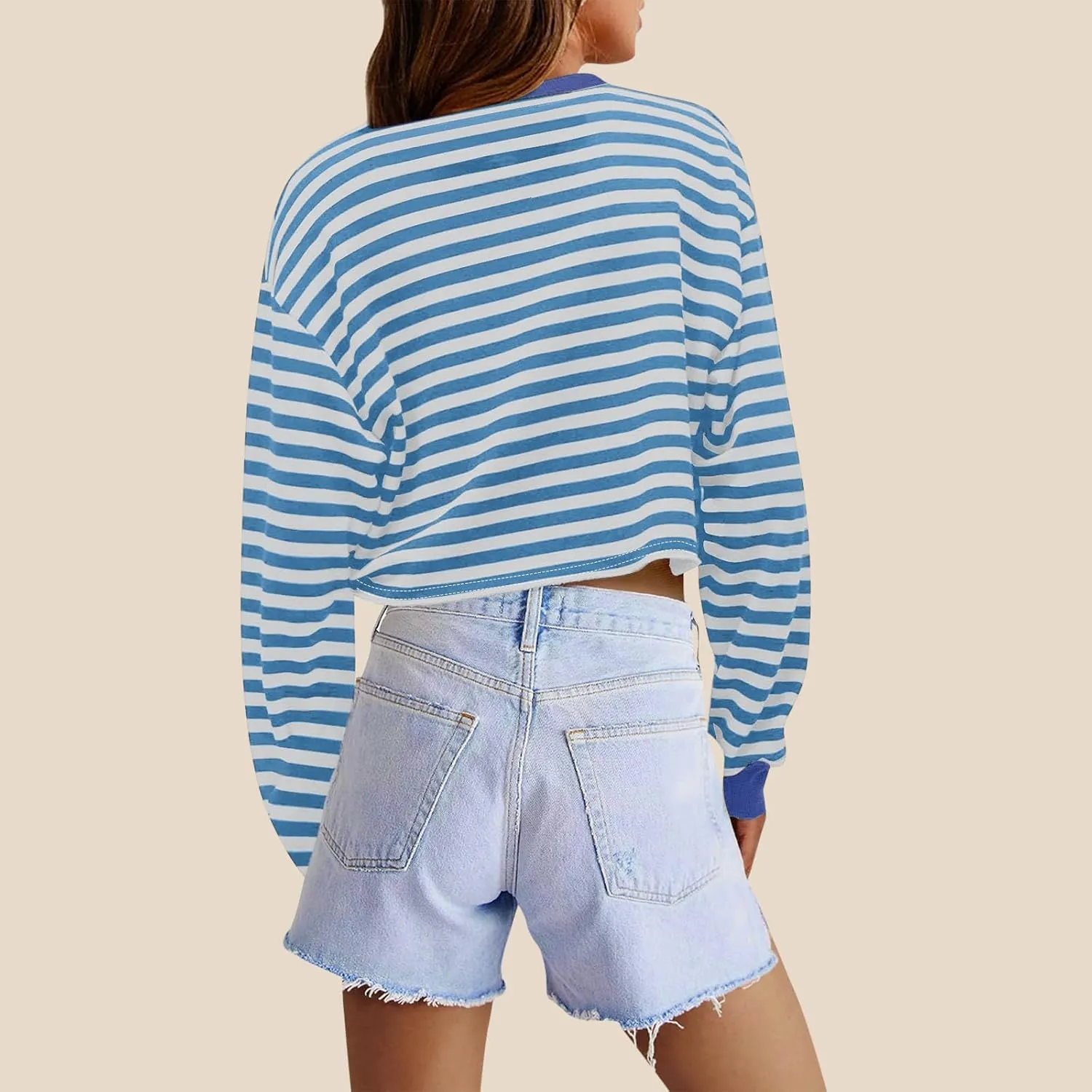 Oversized Sweatshirt for Women Cropped Crewneck Striped Colour Block Pullover Tops Long Sleeve Fleece Top Blouses