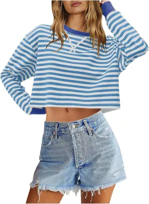 Oversized Sweatshirt for Women Cropped Crewneck Striped Colour Block Pullover Tops Long Sleeve Fleece Top Blouses