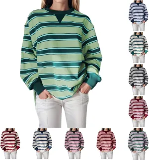 Oversized Sweatshirt for Women Striped Print Lightweight Crewneck Long Sleeve Pullover Tops Fall Workout Loose Hoodie