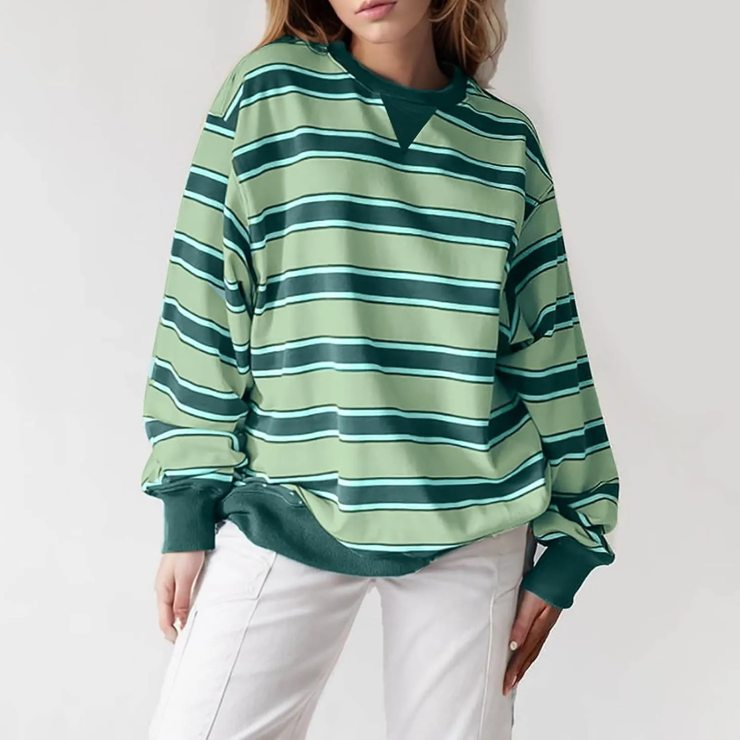 Oversized Sweatshirt for Women Striped Print Lightweight Crewneck Long Sleeve Pullover Tops Fall Workout Loose Hoodie