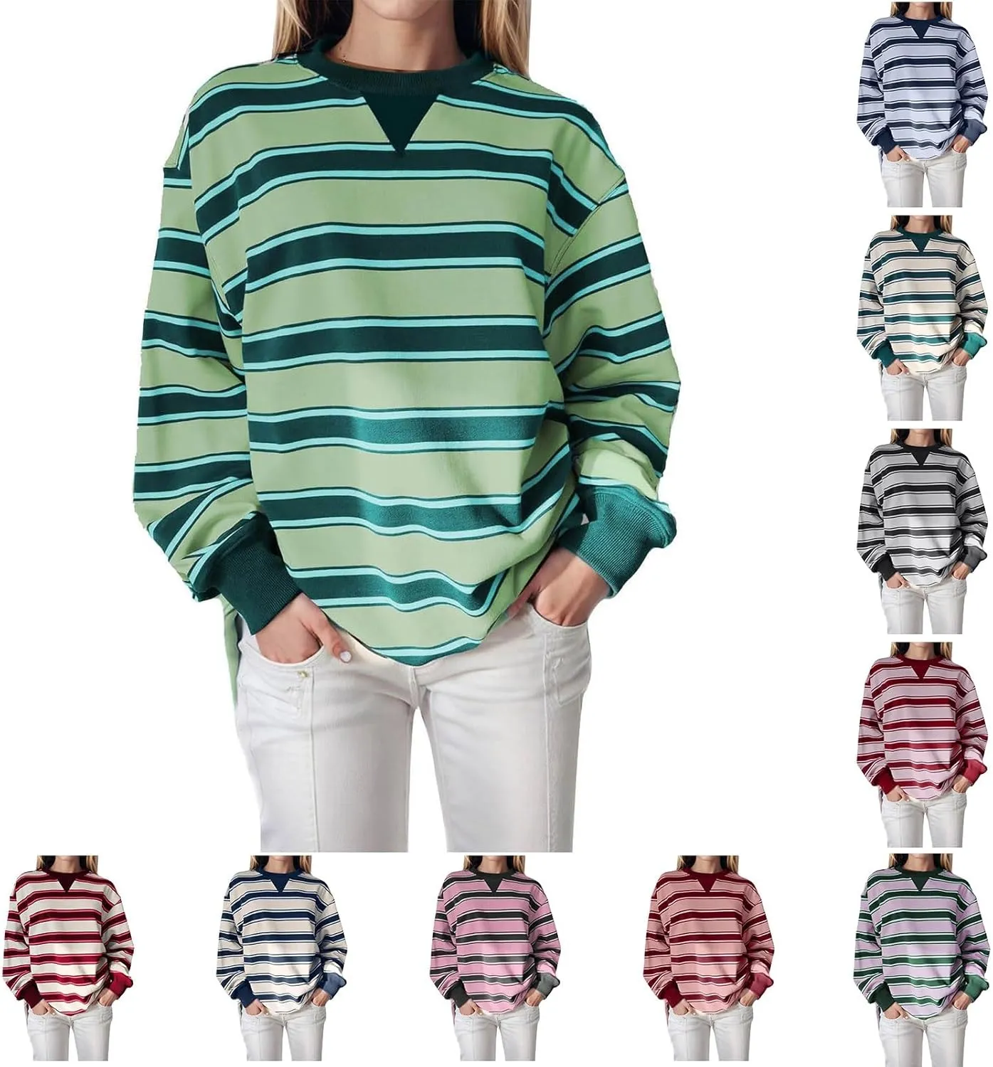 Oversized Sweatshirt for Women Striped Print Lightweight Crewneck Long Sleeve Pullover Tops Fall Workout Loose Hoodie
