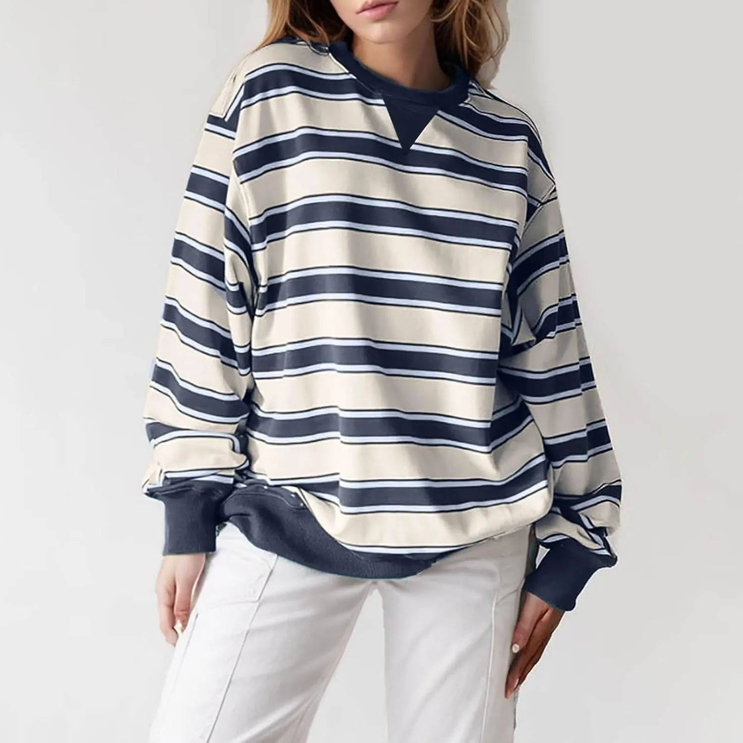 Oversized Sweatshirt for Women Striped Print Lightweight Crewneck Long Sleeve Pullover Tops Fall Workout Loose Hoodie