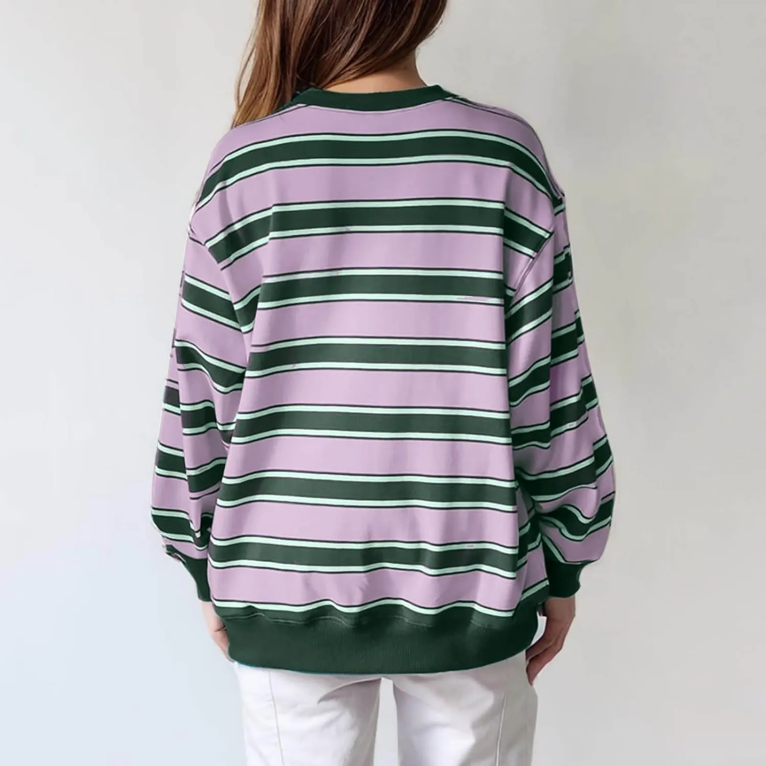 Oversized Sweatshirt for Women Striped Print Lightweight Crewneck Long Sleeve Pullover Tops Fall Workout Loose Hoodie
