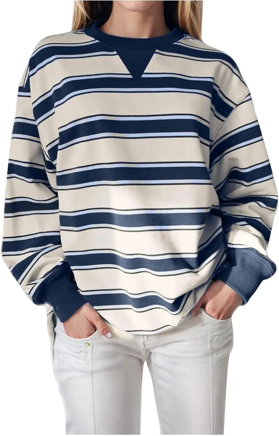 Oversized Sweatshirt for Women Striped Print Lightweight Crewneck Long Sleeve Pullover Tops Fall Workout Loose Hoodie