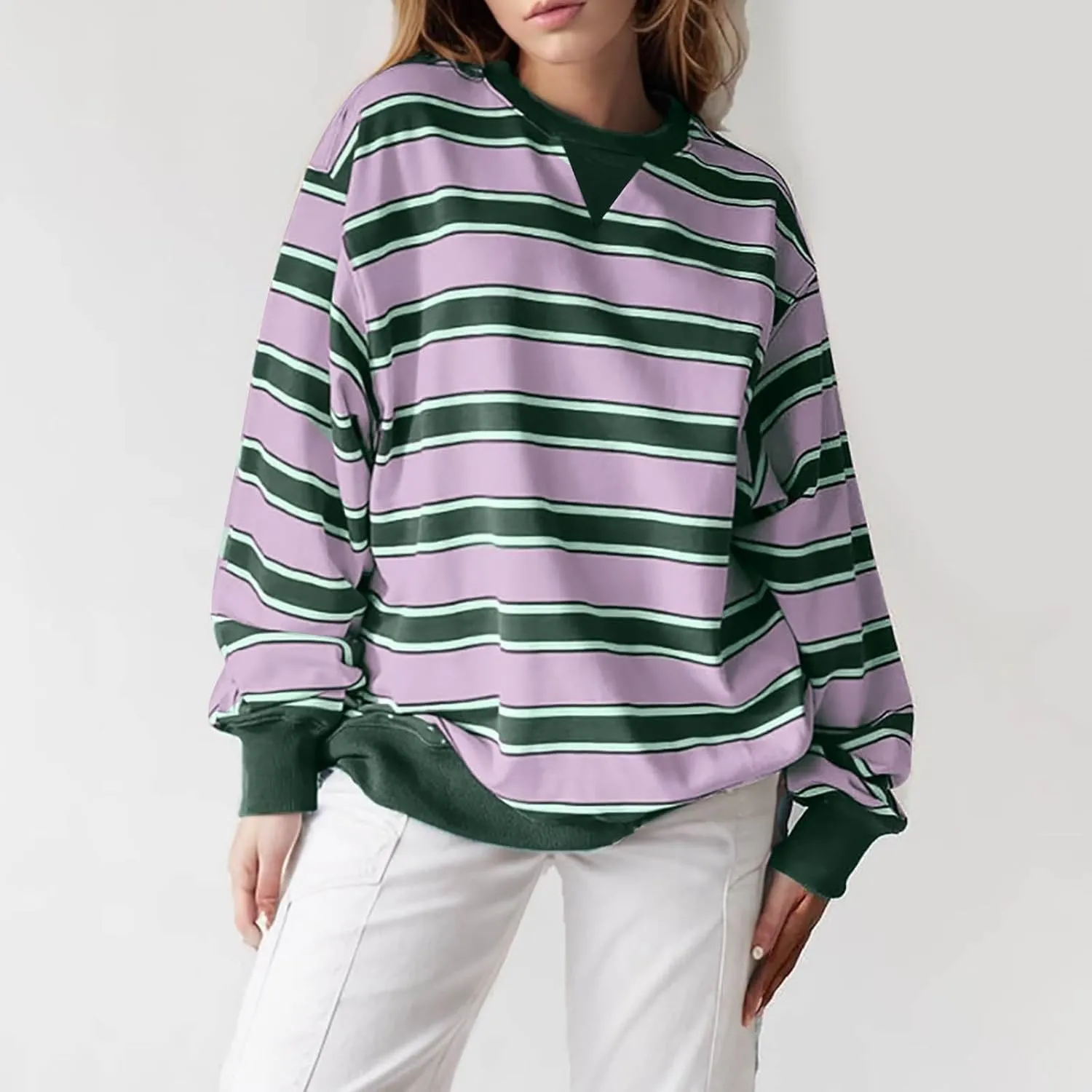 Oversized Sweatshirt for Women Striped Print Lightweight Crewneck Long Sleeve Pullover Tops Fall Workout Loose Hoodie