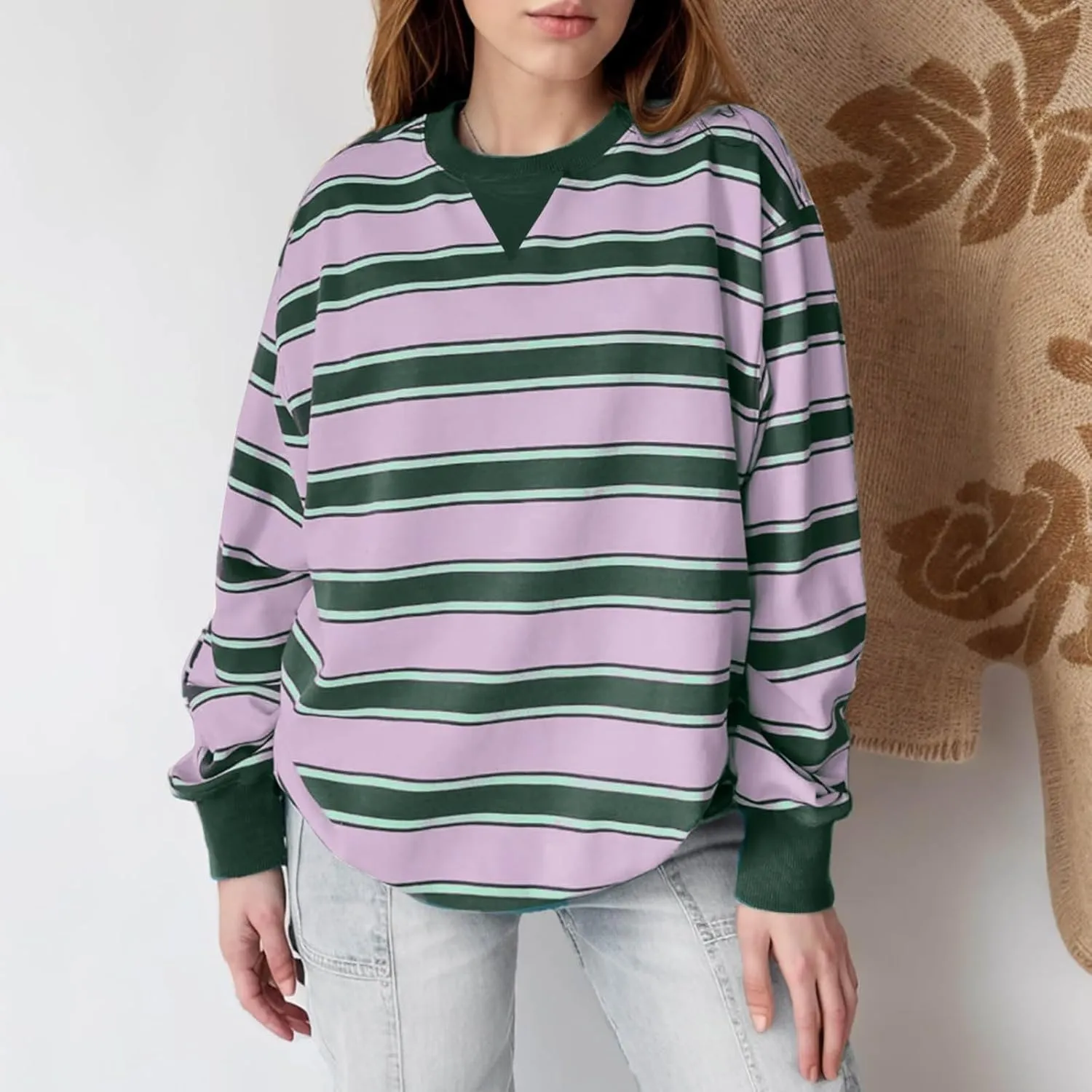Oversized Sweatshirt for Women Striped Print Lightweight Crewneck Long Sleeve Pullover Tops Fall Workout Loose Hoodie