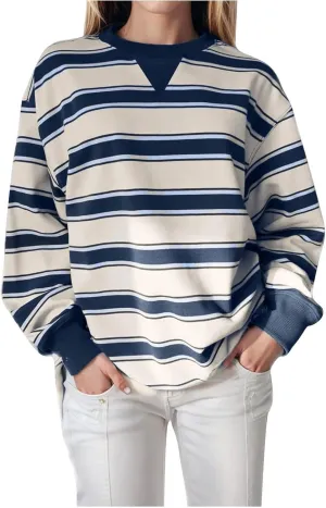 Oversized Sweatshirt for Women Striped Print Lightweight Crewneck Long Sleeve Pullover Tops Fall Workout Loose Hoodie
