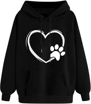 Paw Heart Hoodie Women Casual Graphic Sweatshirt Drawstring Pocket Relaxed Long Sleeve Comfy Streetwear