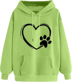 Paw Heart Hoodie Women Casual Graphic Sweatshirt Drawstring Pocket Relaxed Long Sleeve Comfy Streetwear