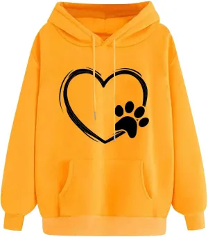 Paw Heart Hoodie Women Casual Graphic Sweatshirt Drawstring Pocket Relaxed Long Sleeve Comfy Streetwear