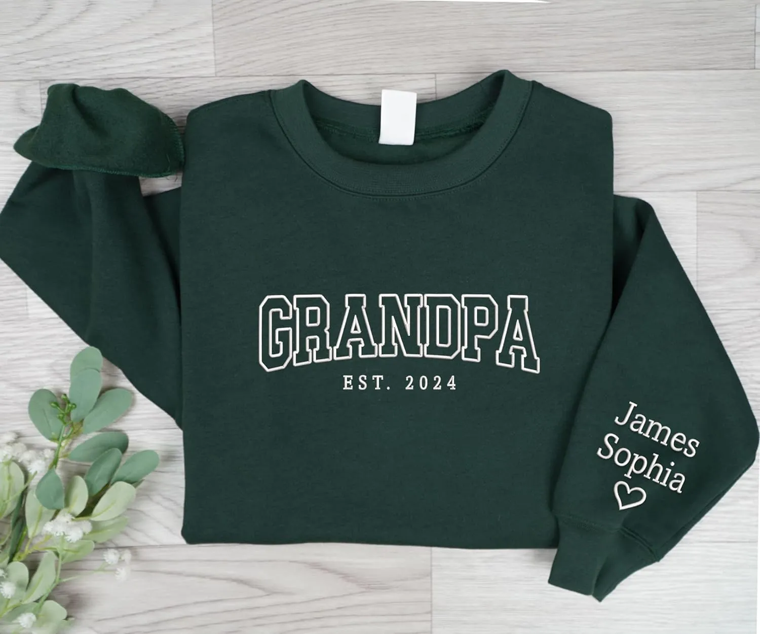 Personalized Embroidered Dad Est Sweatshirt with Name on Sleeve, Custom Crewneck Sweatshirt for Fathers Day