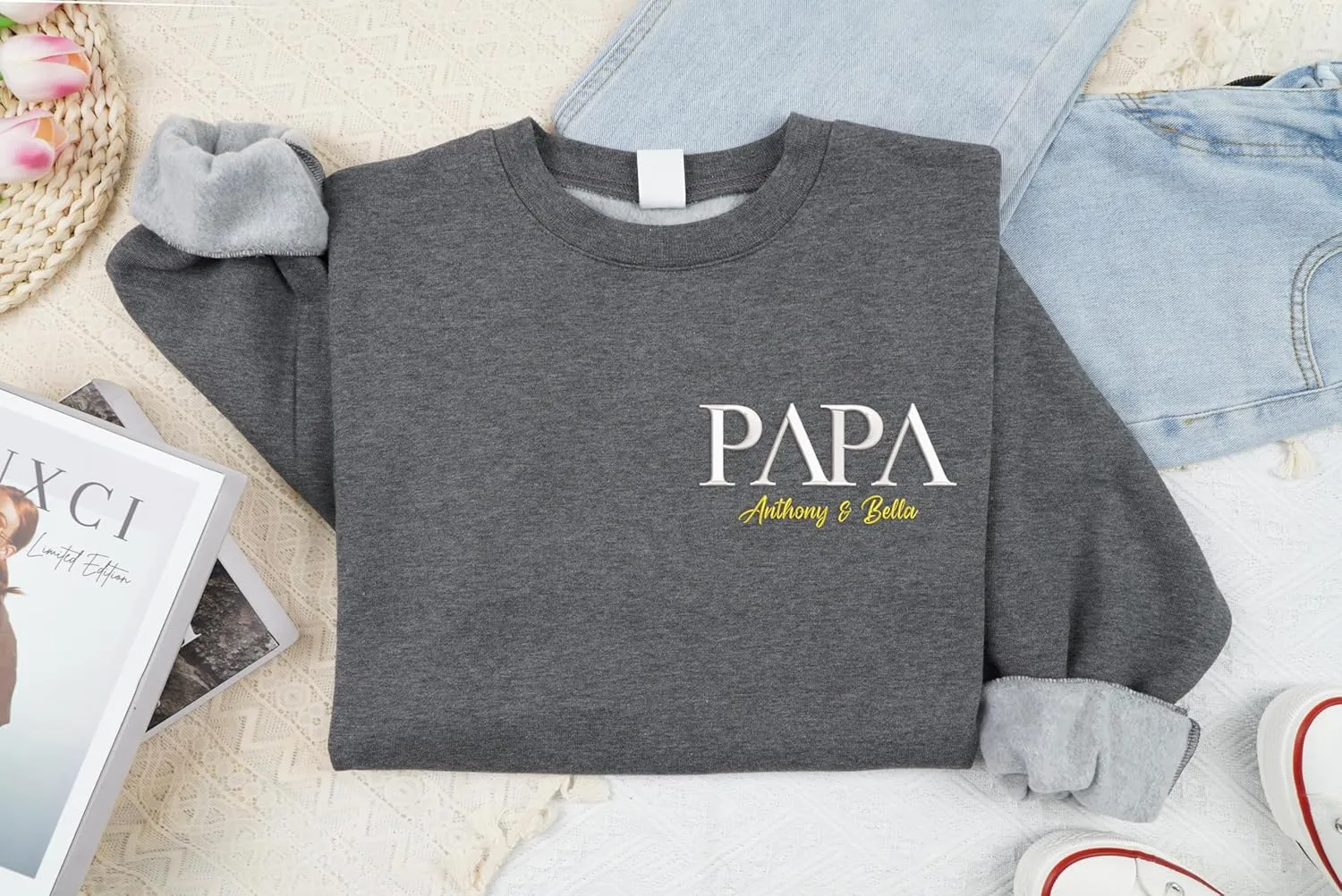 Personalized Embroidered Dad Est Sweatshirt with Name on Sleeve, Custom Crewneck Sweatshirt for Fathers Day
