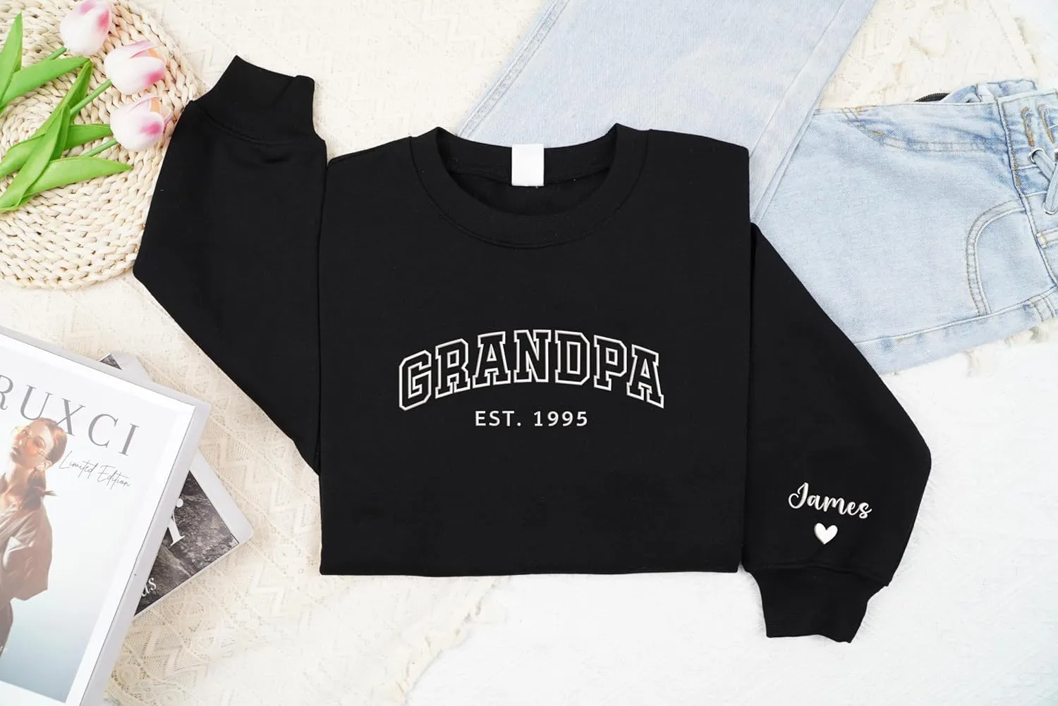 Personalized Embroidered Dad Est Sweatshirt with Name on Sleeve, Custom Crewneck Sweatshirt for Fathers Day